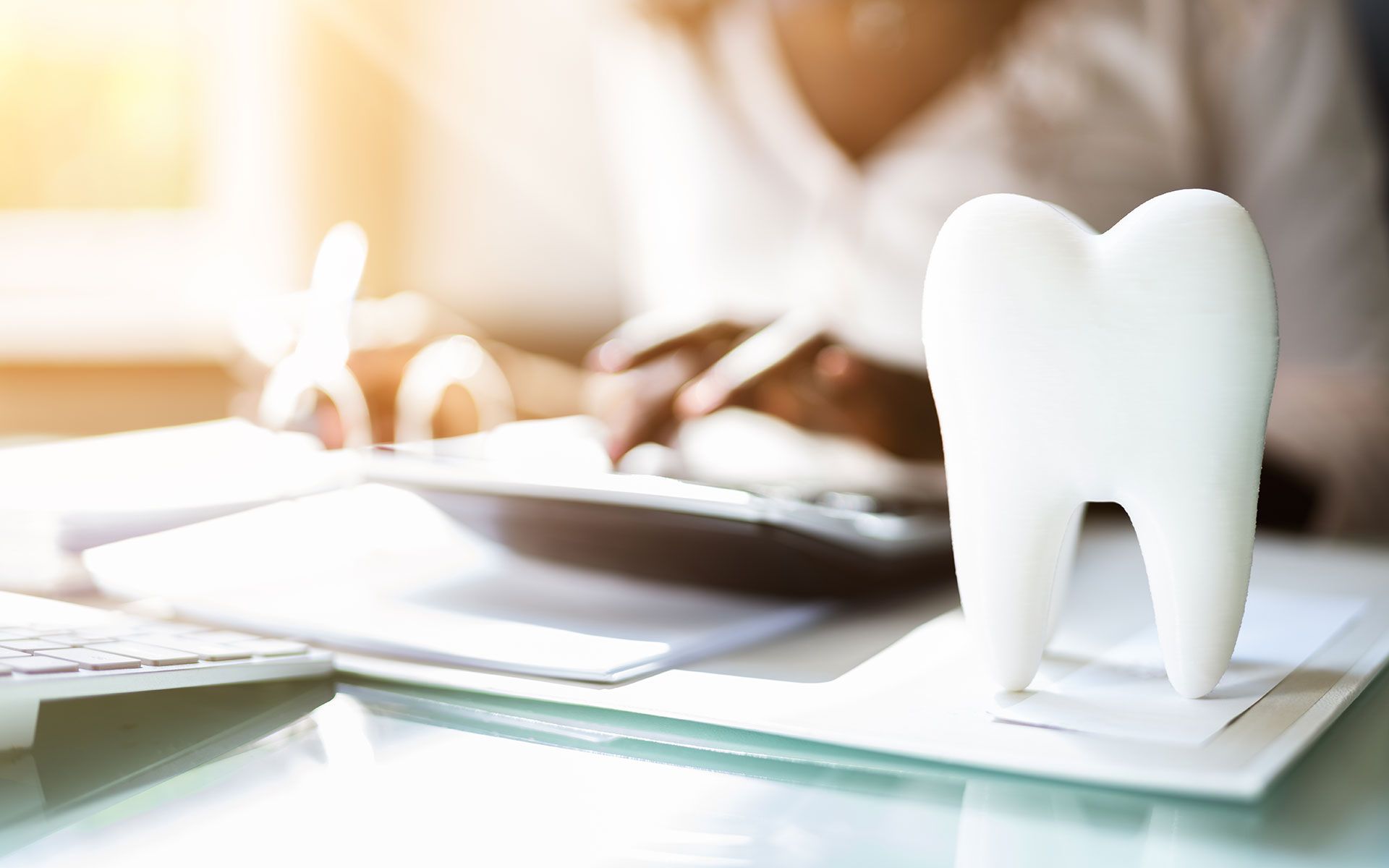 Tooth model on desk with person working at desk.
