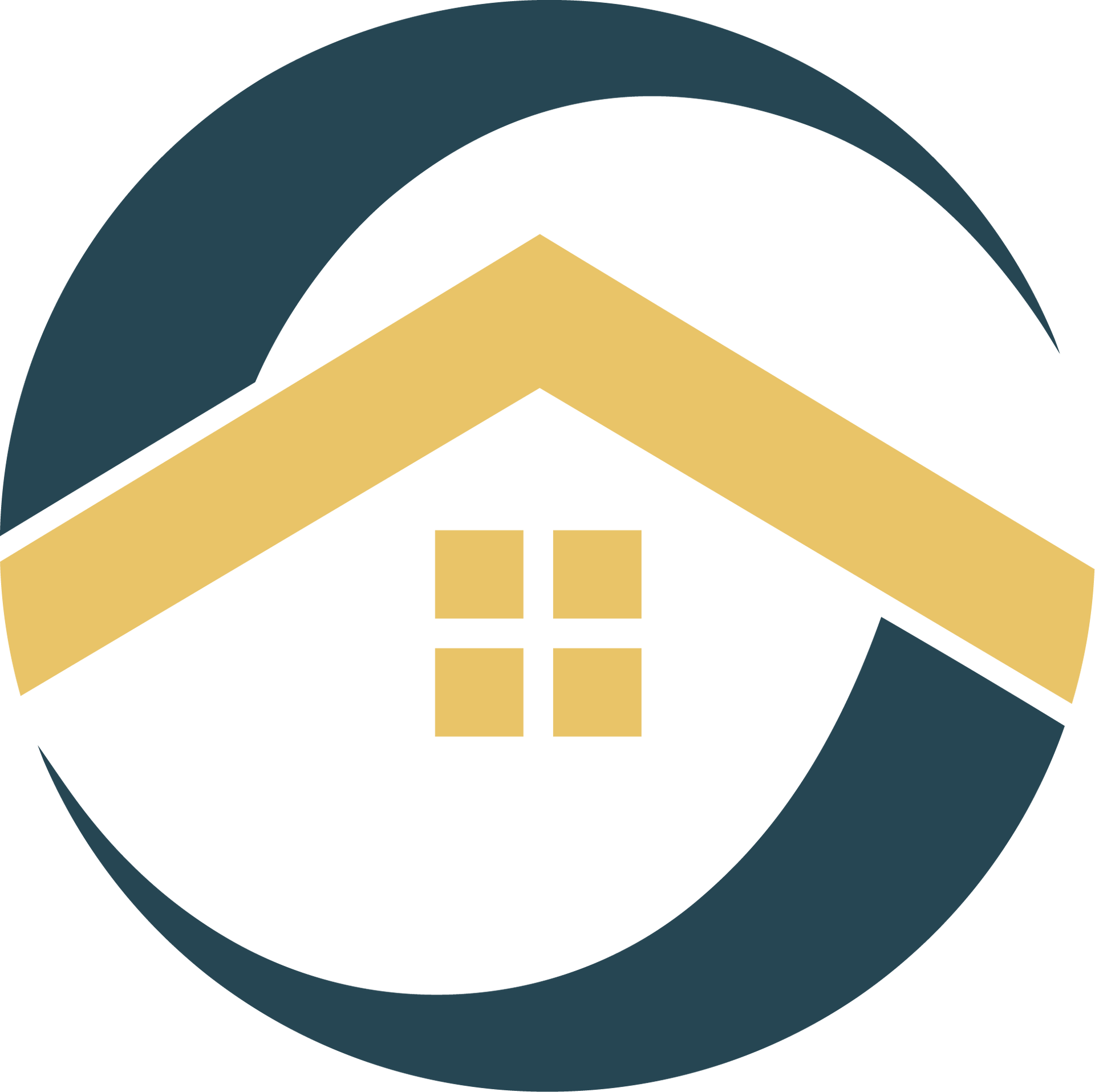 A house with a roof and two windows is in a circle.