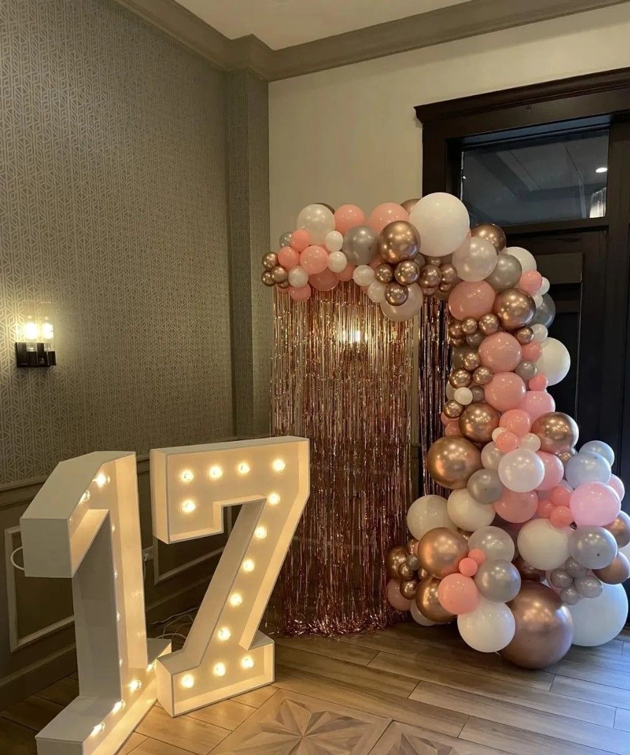 Birthday balloons in San Antonio with organic balloon decor and lighted numbers