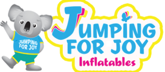 a logo for jumping for joy inflatables with a koala on it