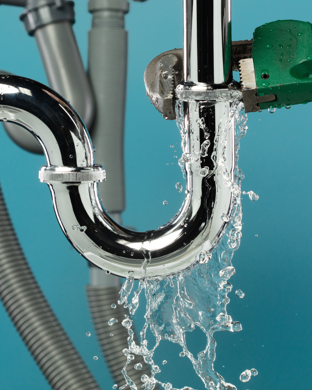 A close-up view of a chrome U-shaped sink pipe leaking heavily, with water spraying and flowing down