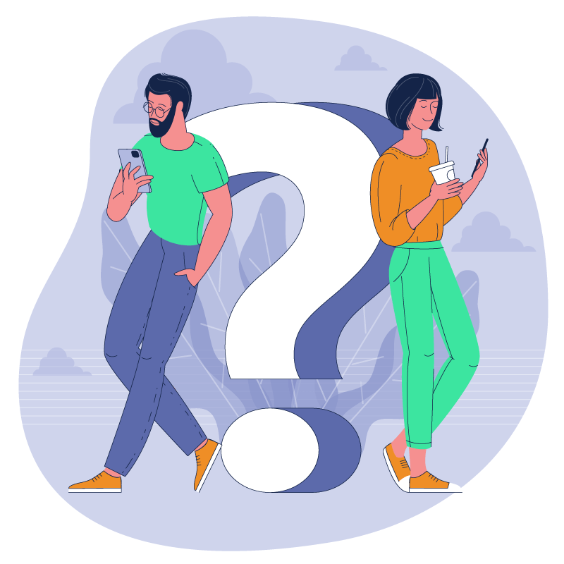 Homem e mulher olhando para seus telefones celulares, e um ponto de interrogação gigante atrás deles
