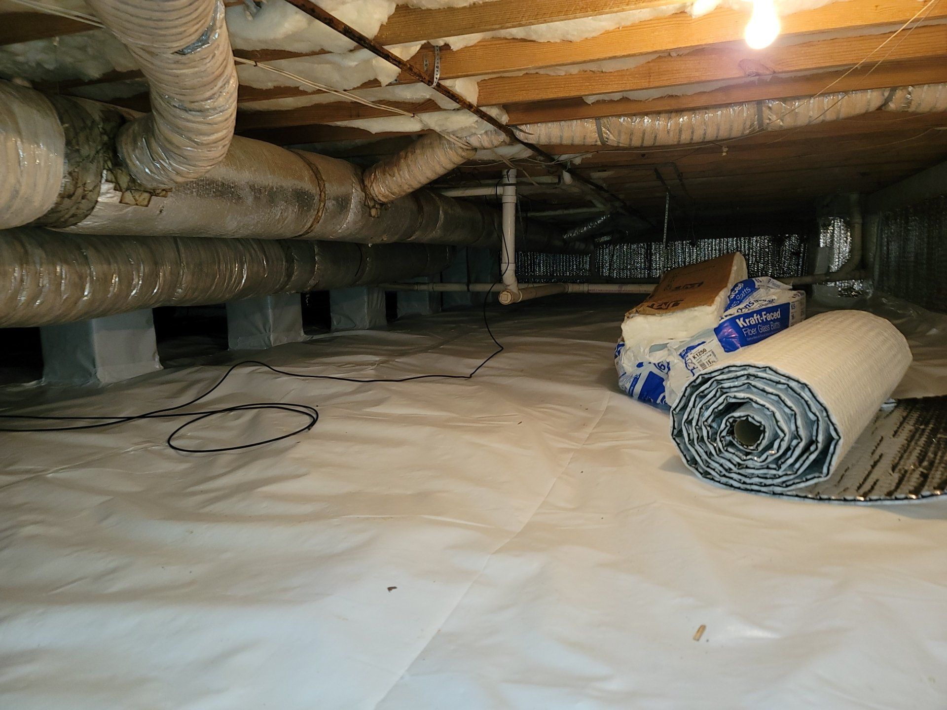 woven floor covering, new r 19 batt insulation, mold treatment, and wood destroying fungus treatment
