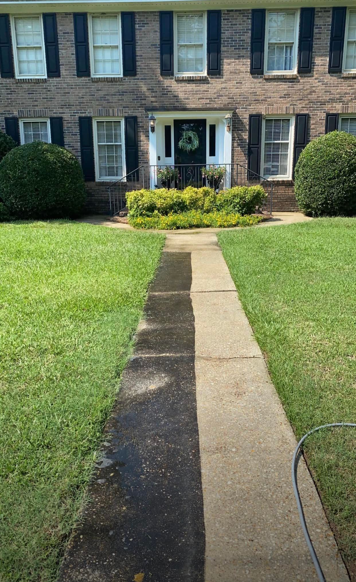 ABrick House With Black Shutters And A Sidewalk - Lexington, SC - Big Wave Softwash