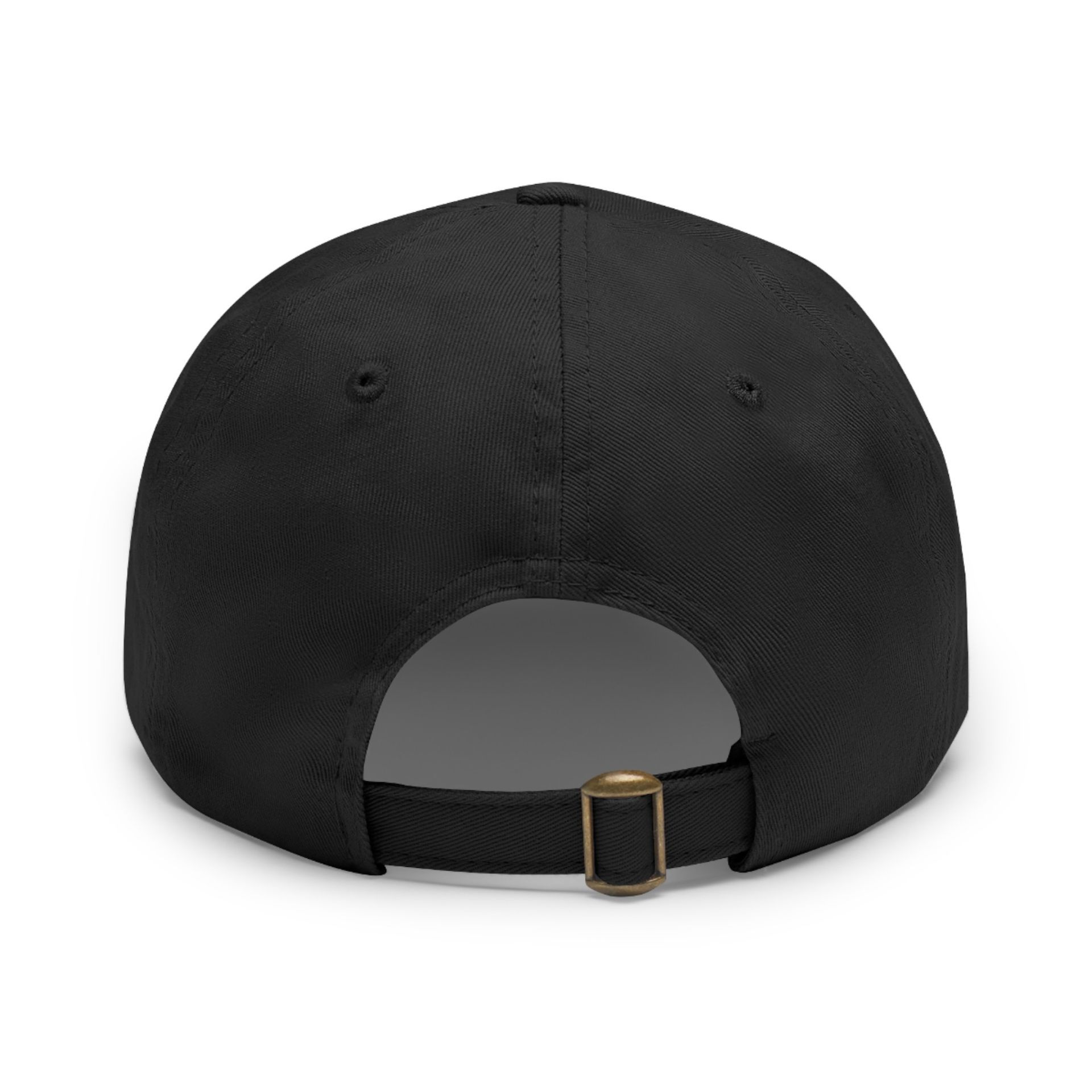 Black baseball cap with a circular patch that reads 