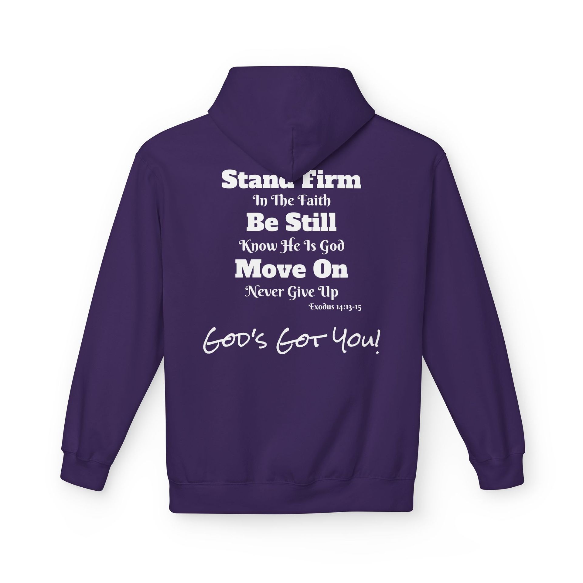 Woman in a purple hoodie with white graphic on chest, hands in pockets, looking to the side.