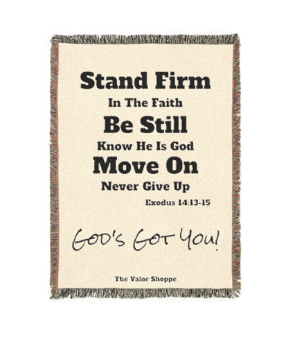 Tan blanket with inspirational text: 