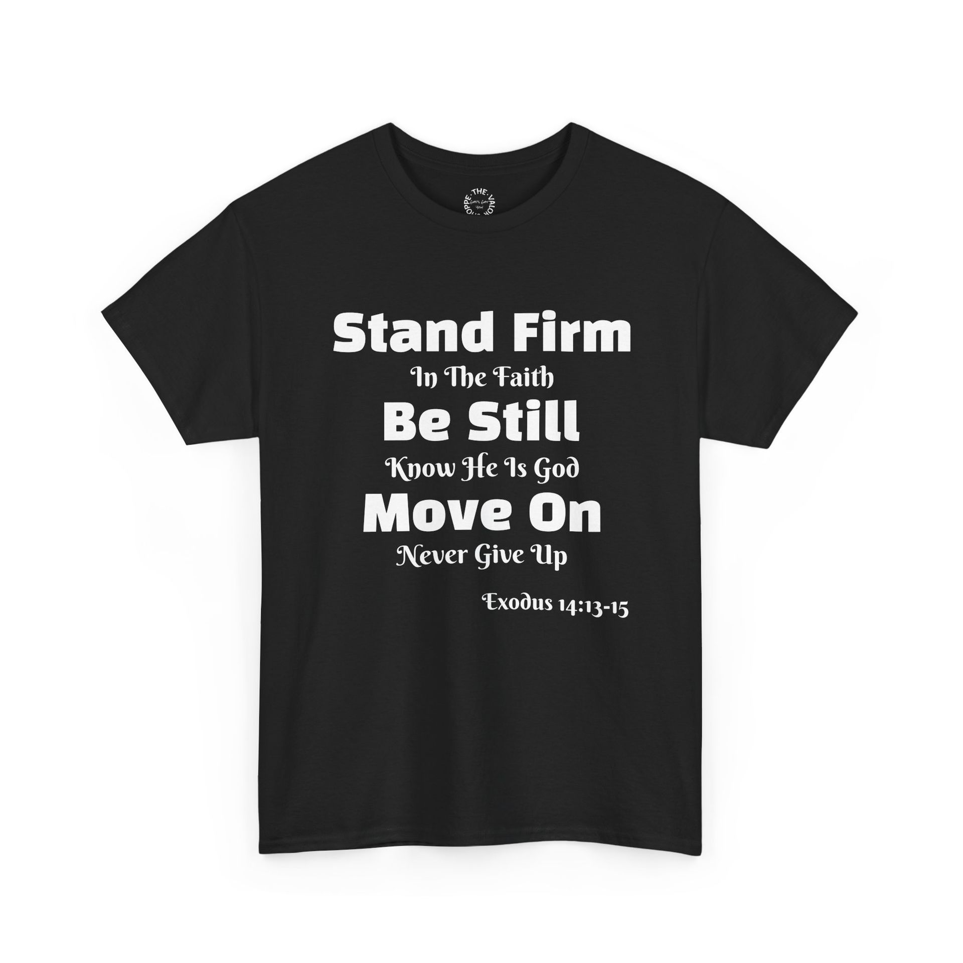 Black t-shirt with white text: