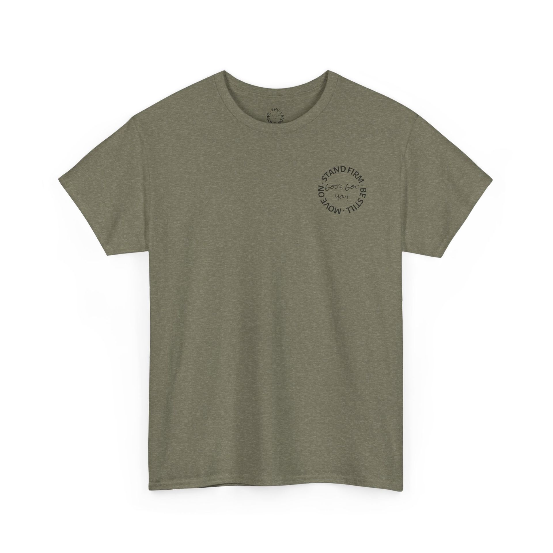 Olive green t-shirt with a small circular logo on the upper back.