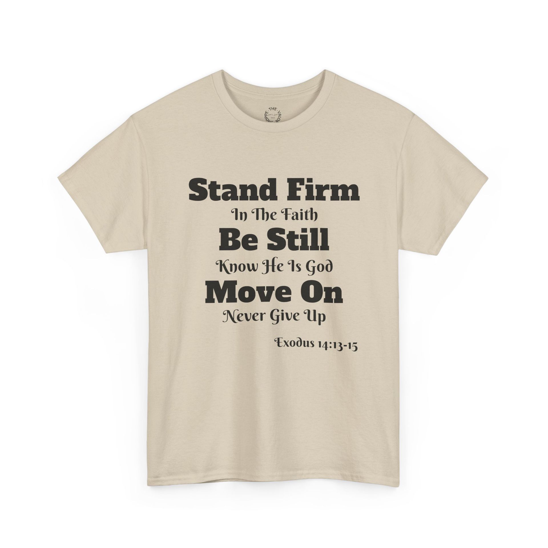 Beige t-shirt with black text: