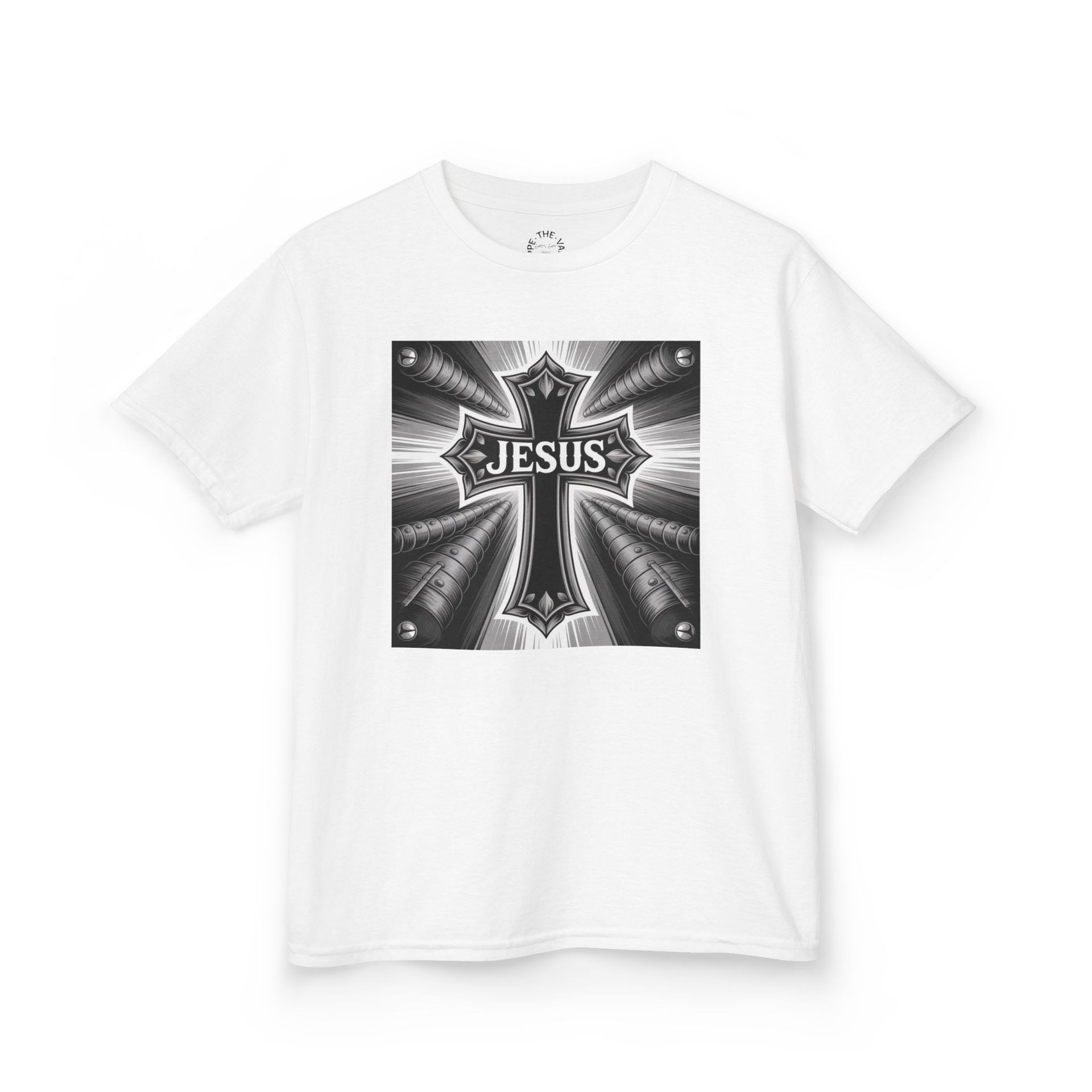 White t-shirt with a centered black and gray cross design. The word