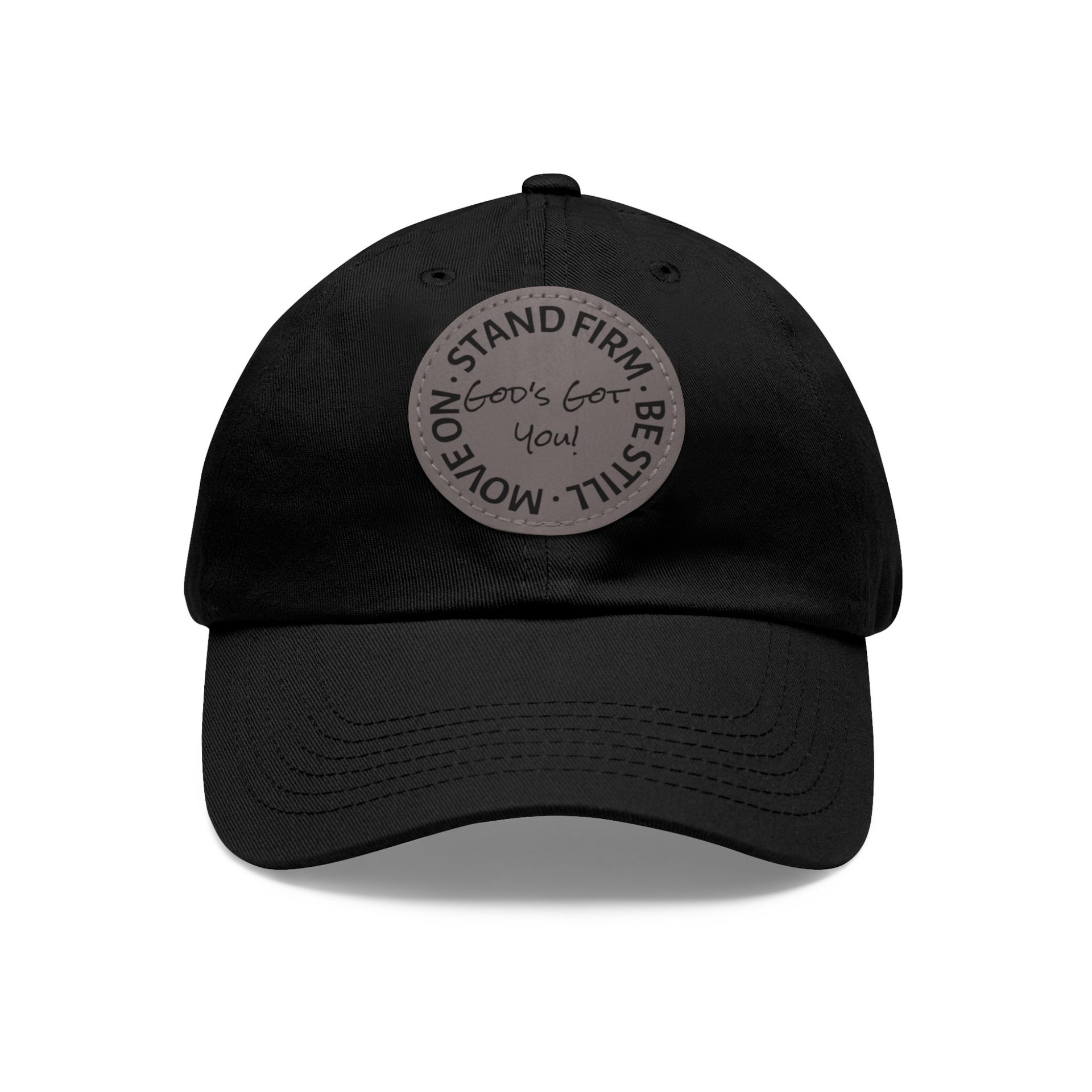 Black baseball cap with a circular patch that reads 