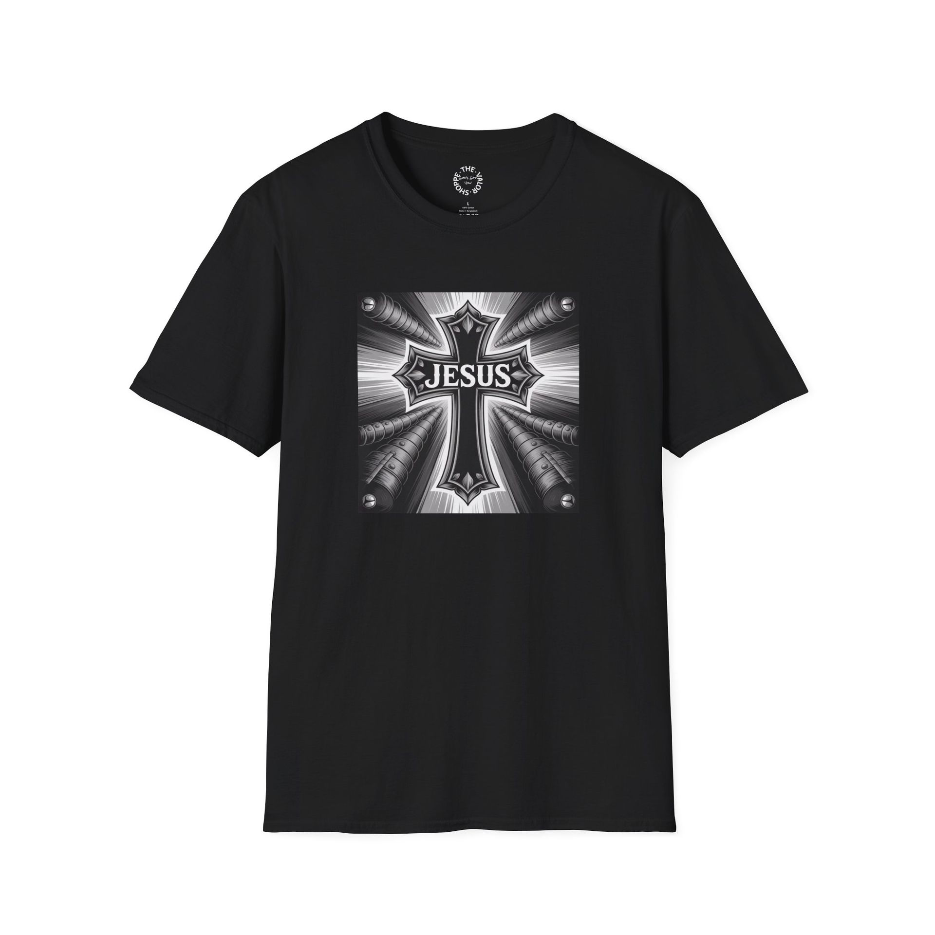 Black t-shirt with a detailed silver cross design and the word