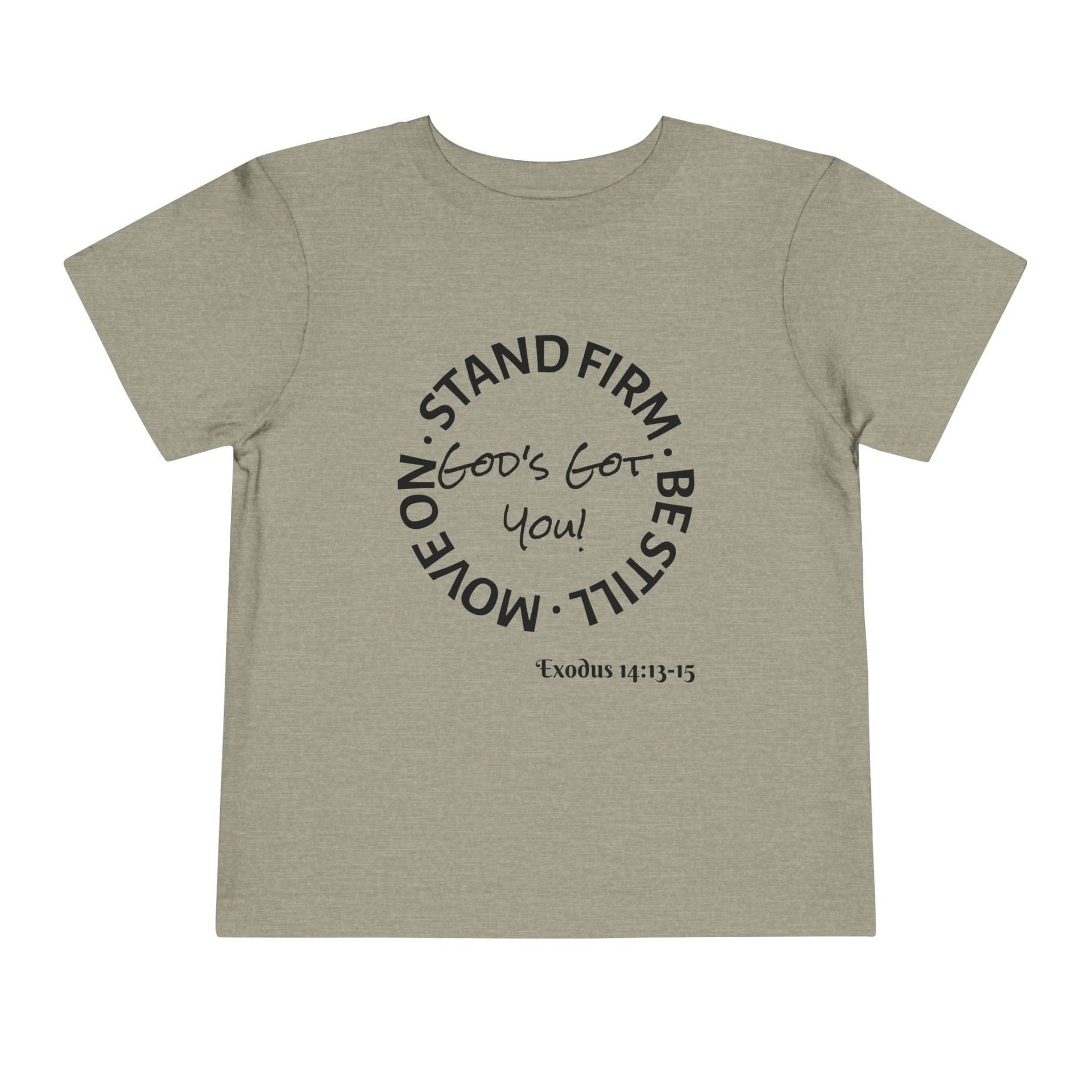 Tan toddler tee with circular text: