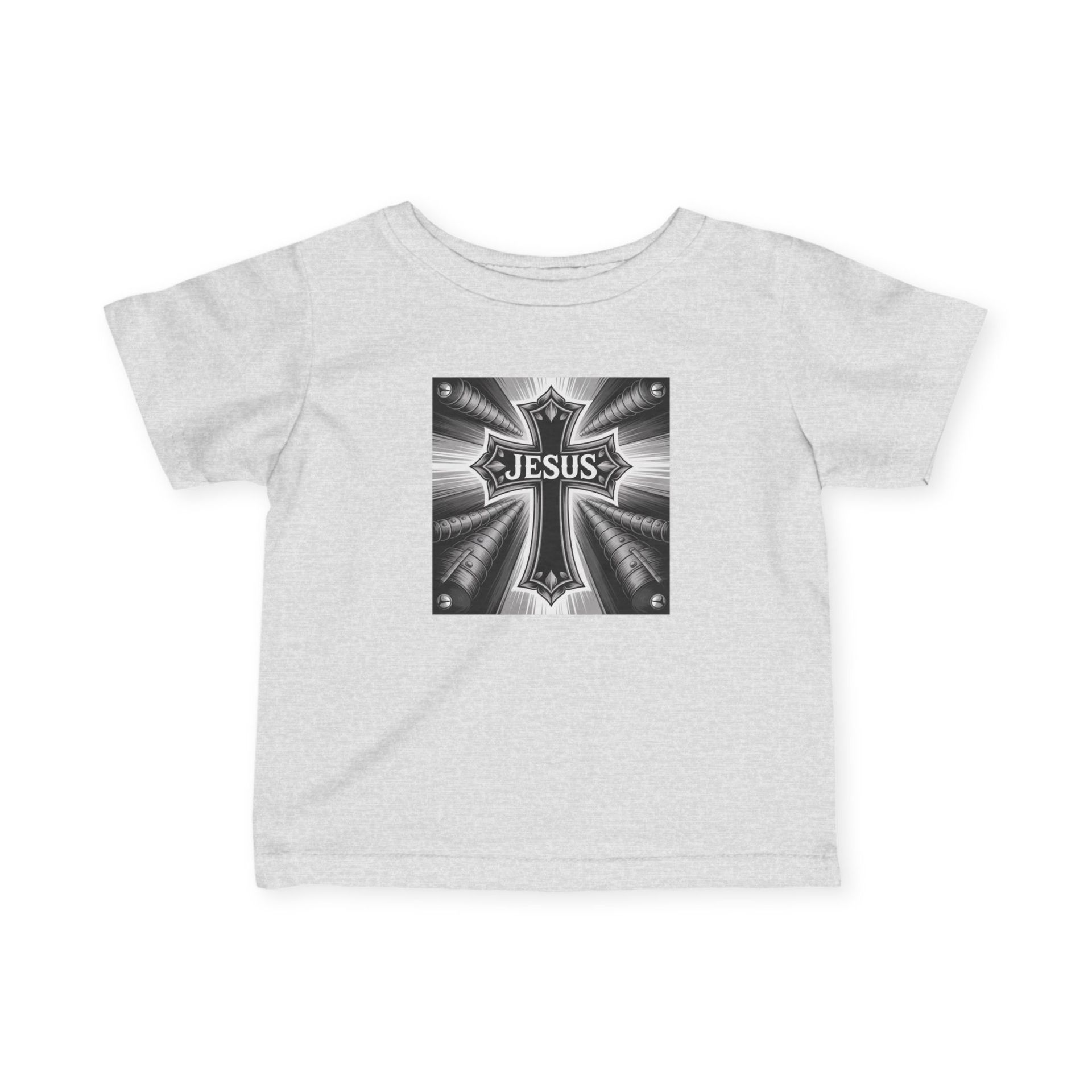 Baby's gray t-shirt with a cross that has the word 