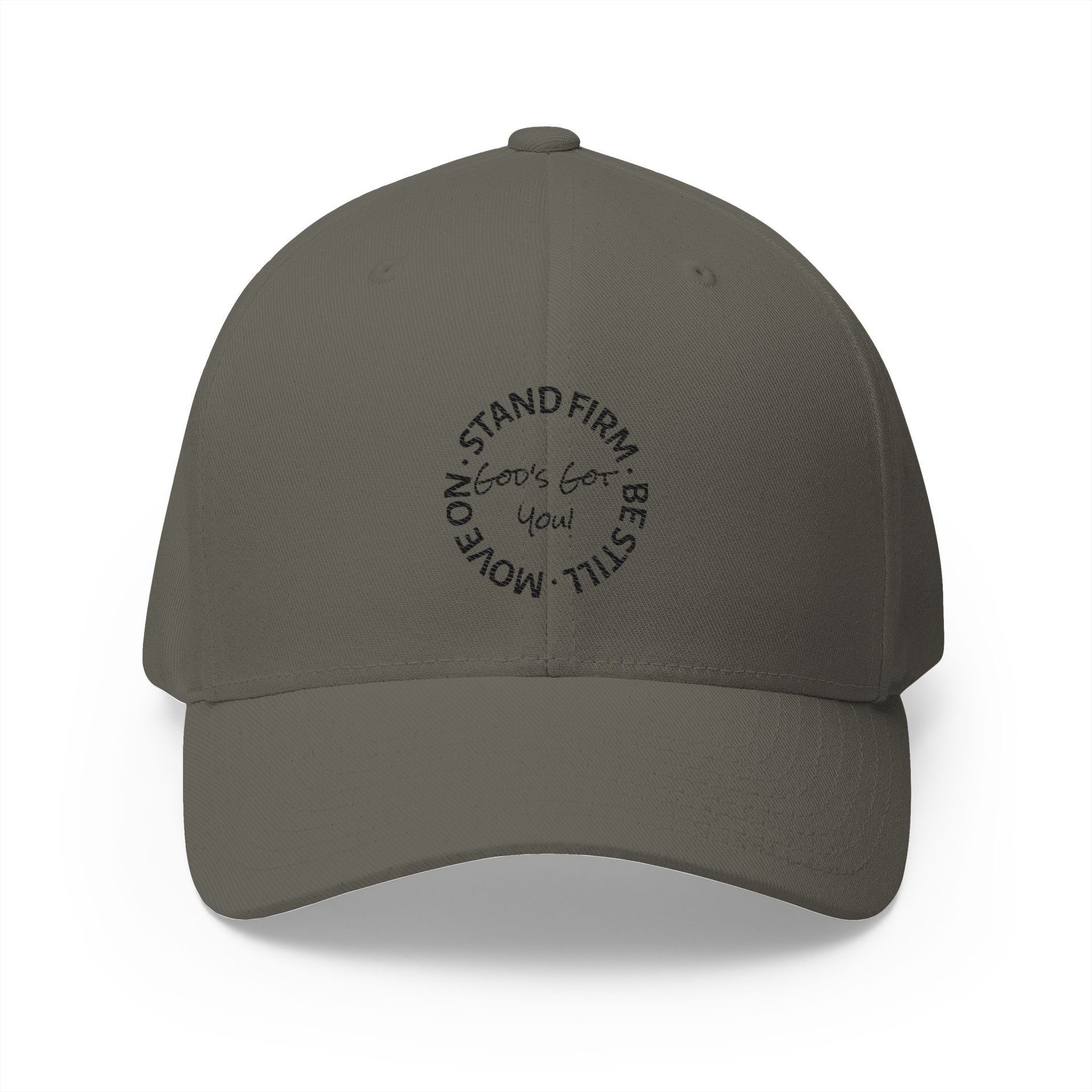 Gray baseball cap with black text: “Stand Firm, Be Still, Move On, Look for You” in a circle.