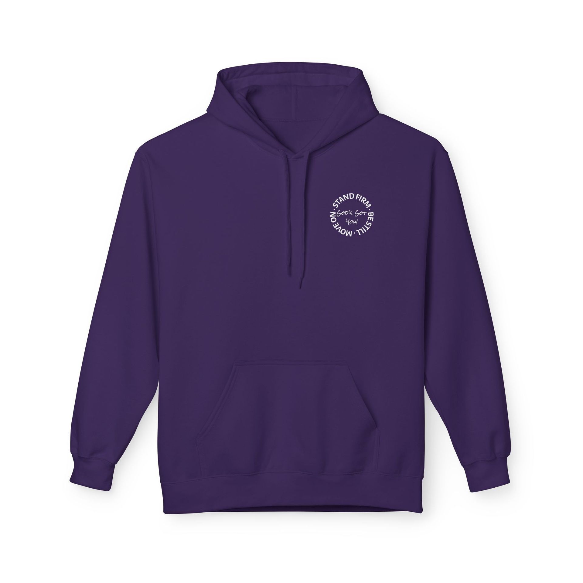 Purple hoodie with a small white circular logo on the left chest, a kangaroo pocket, and a drawstring hood.