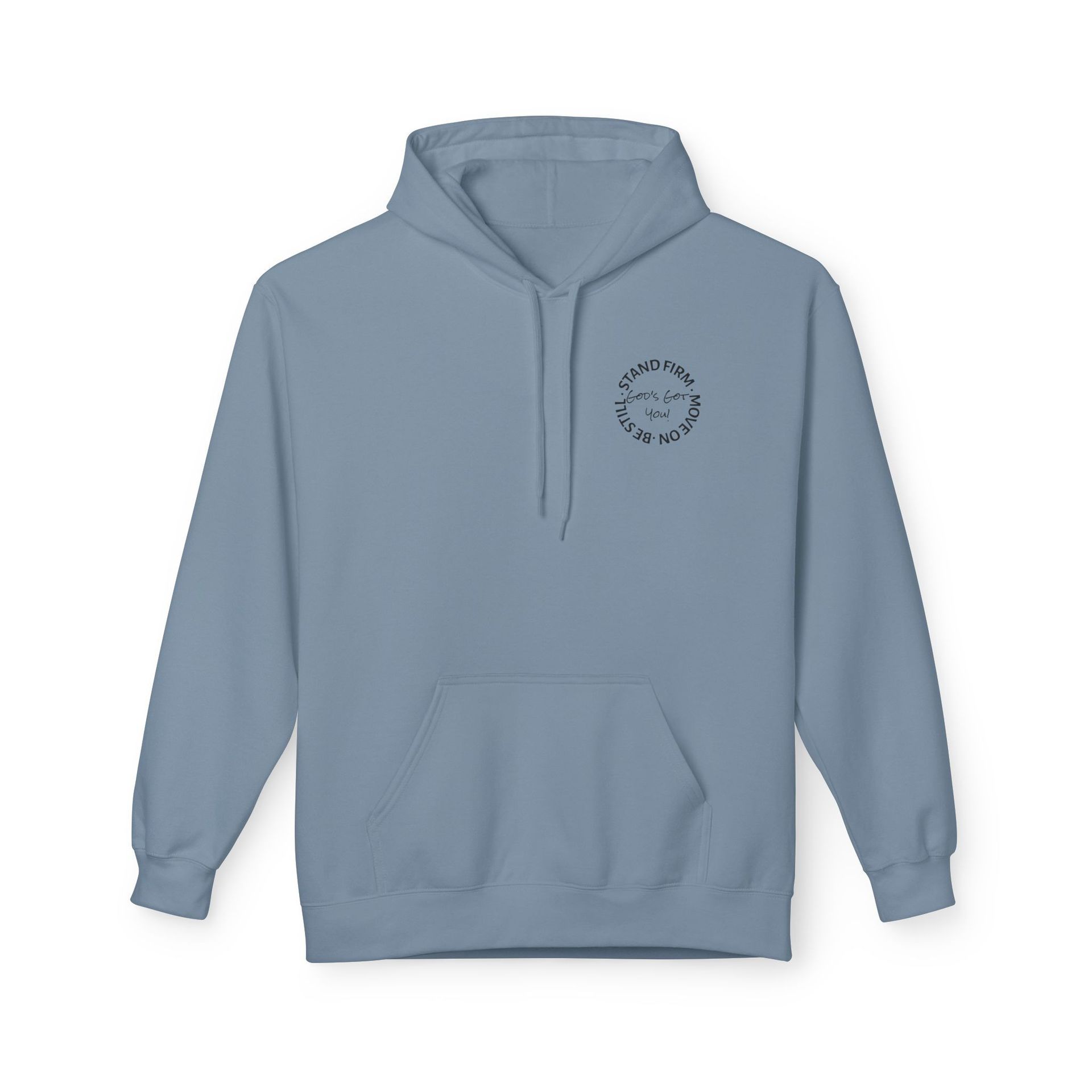 Light blue hoodie with a small circular logo on the chest.