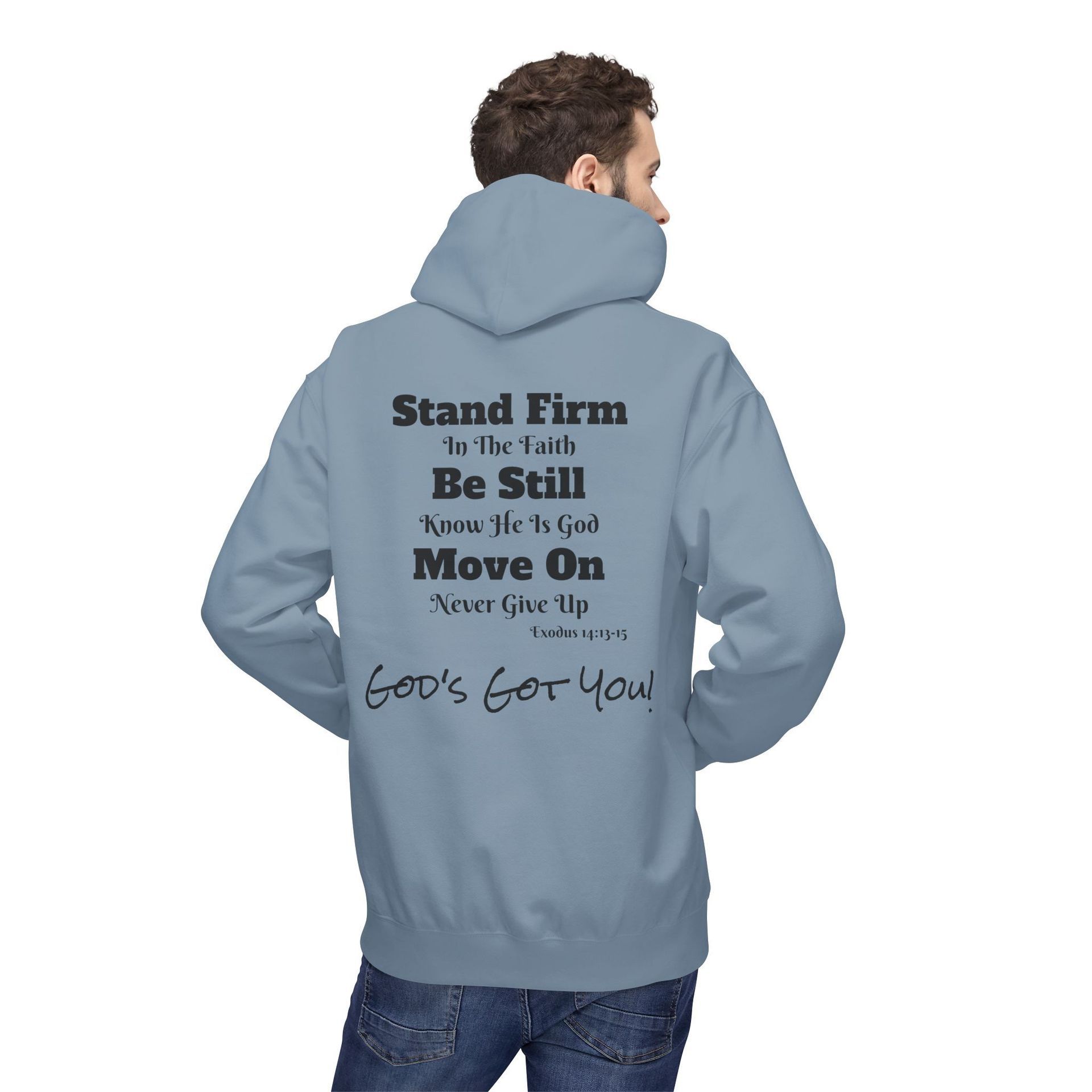 Man wearing a blue hoodie with text: