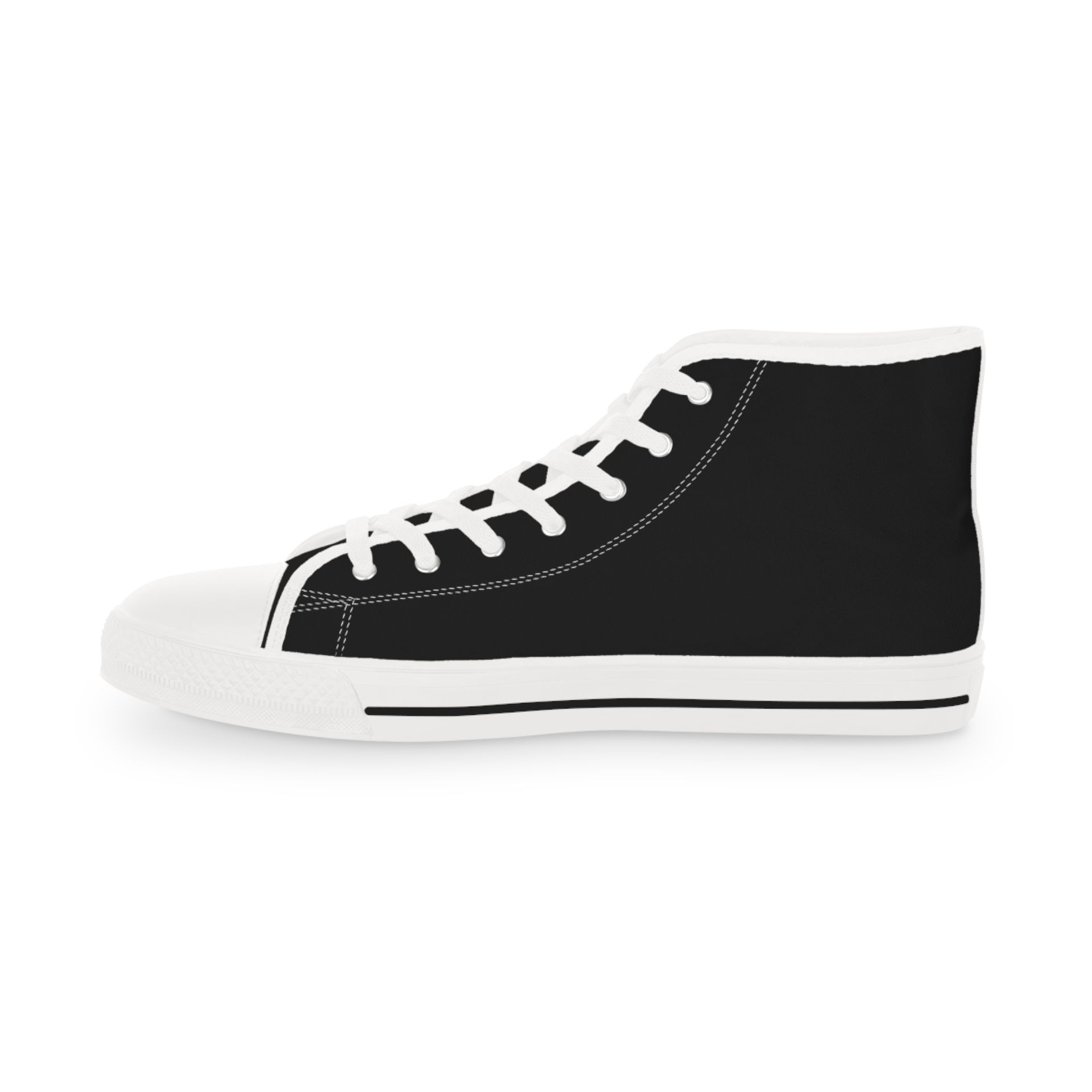 Black high-top sneaker with white sole and laces. Text on the side: 