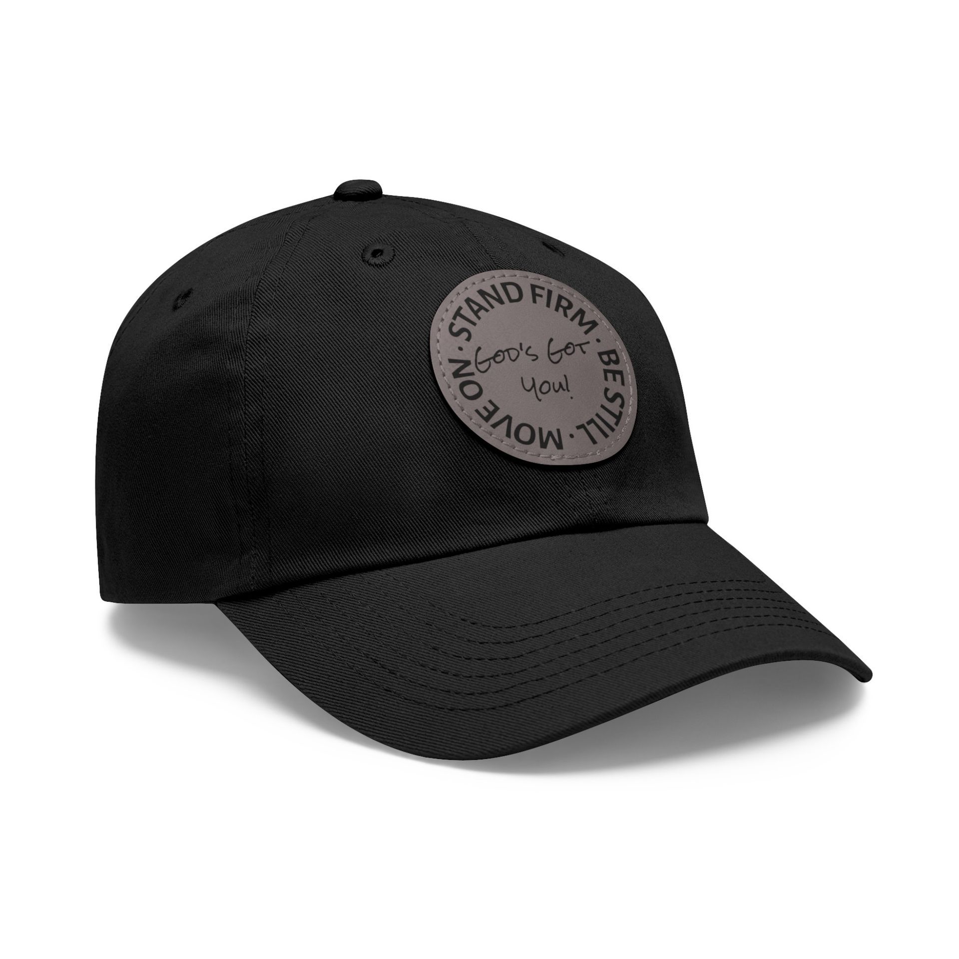Black baseball cap with a circular patch that reads 