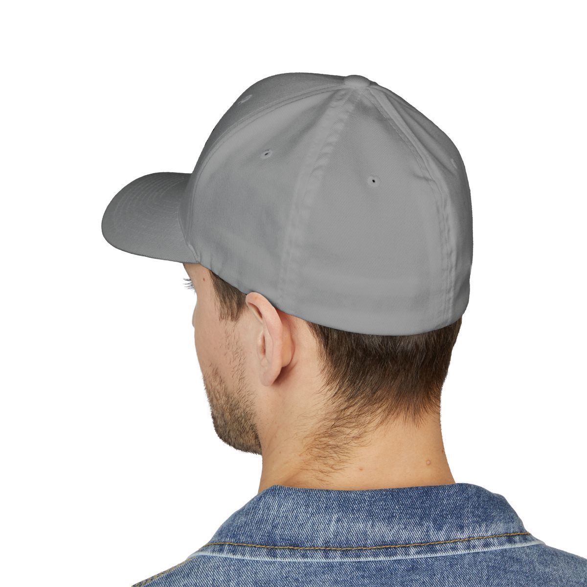 Man wearing a gray baseball cap, viewed from behind.