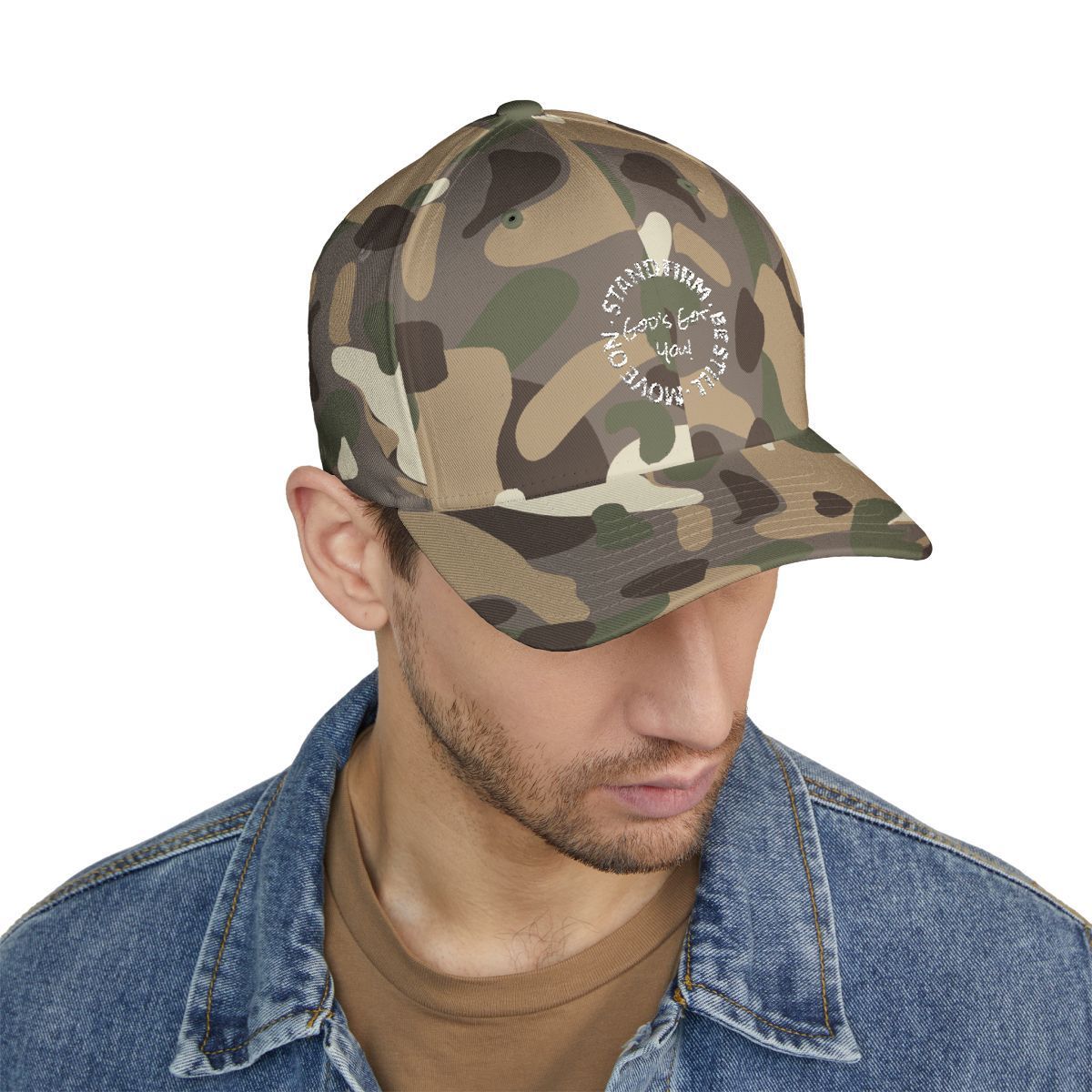 Man wearing camouflage baseball cap, looking down.