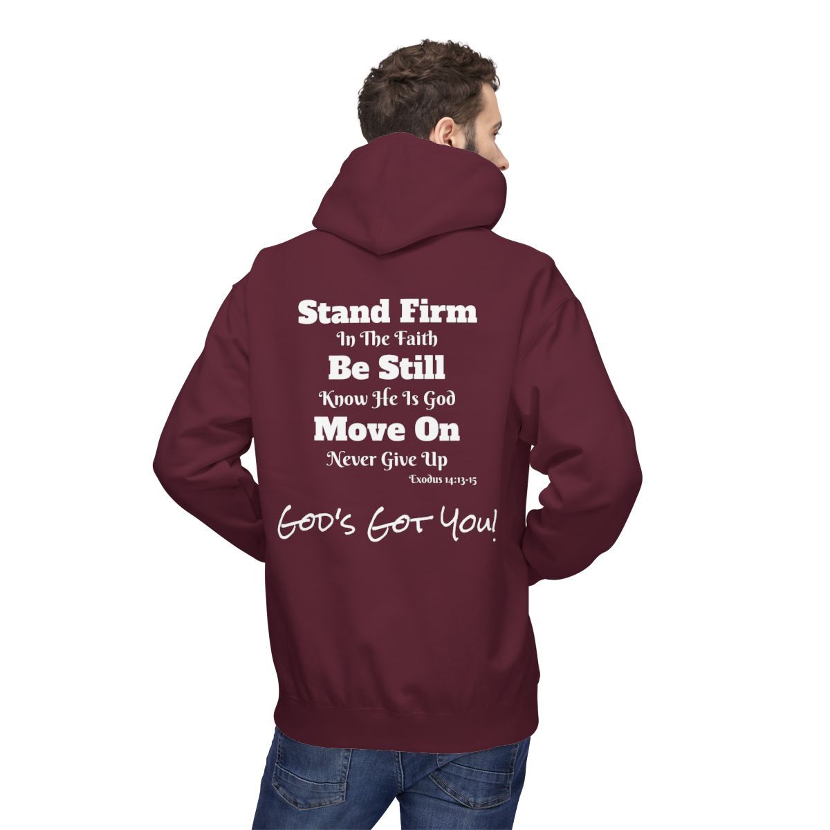 Maroon hoodie with white text: 