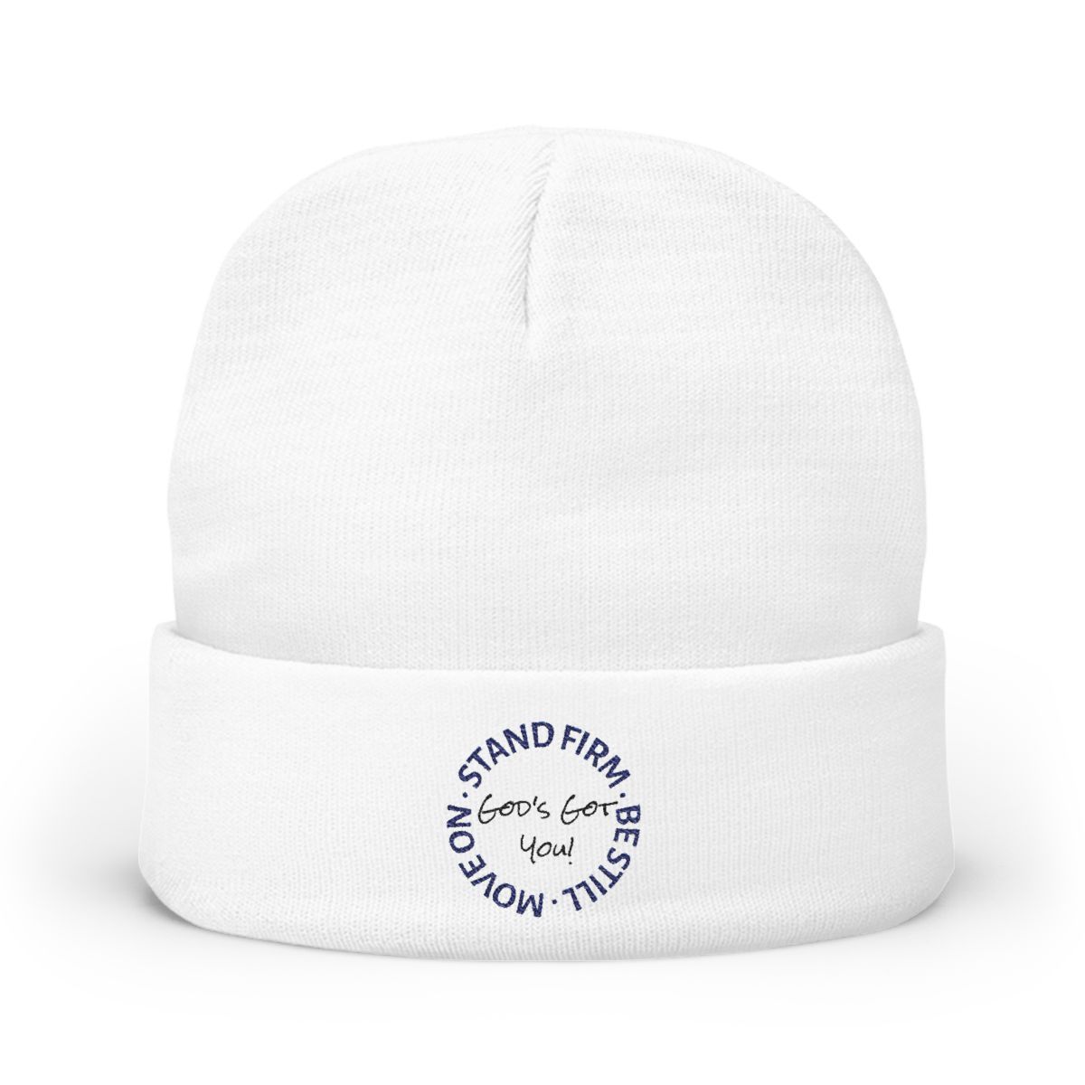 White beanie with blue text that reads 