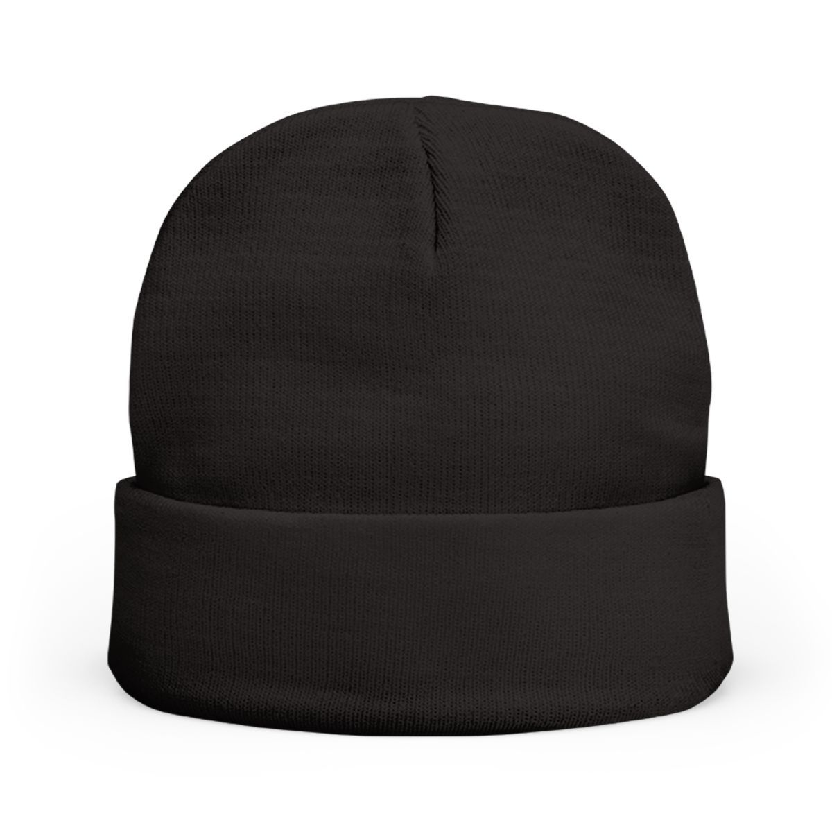 Black beanie with white embroidered text: 