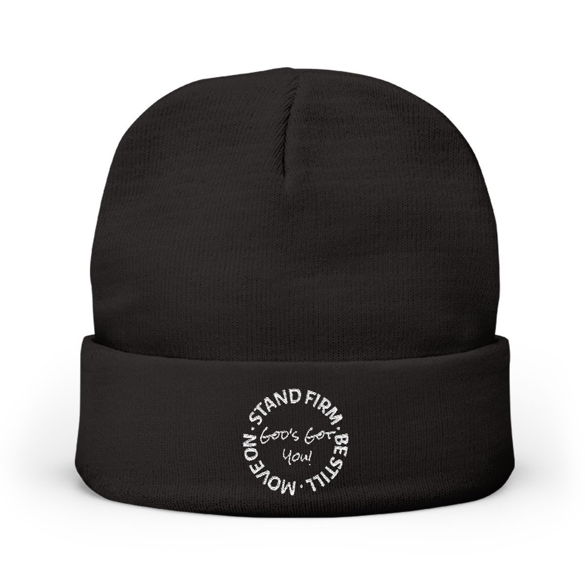 Black beanie with white embroidered text: 