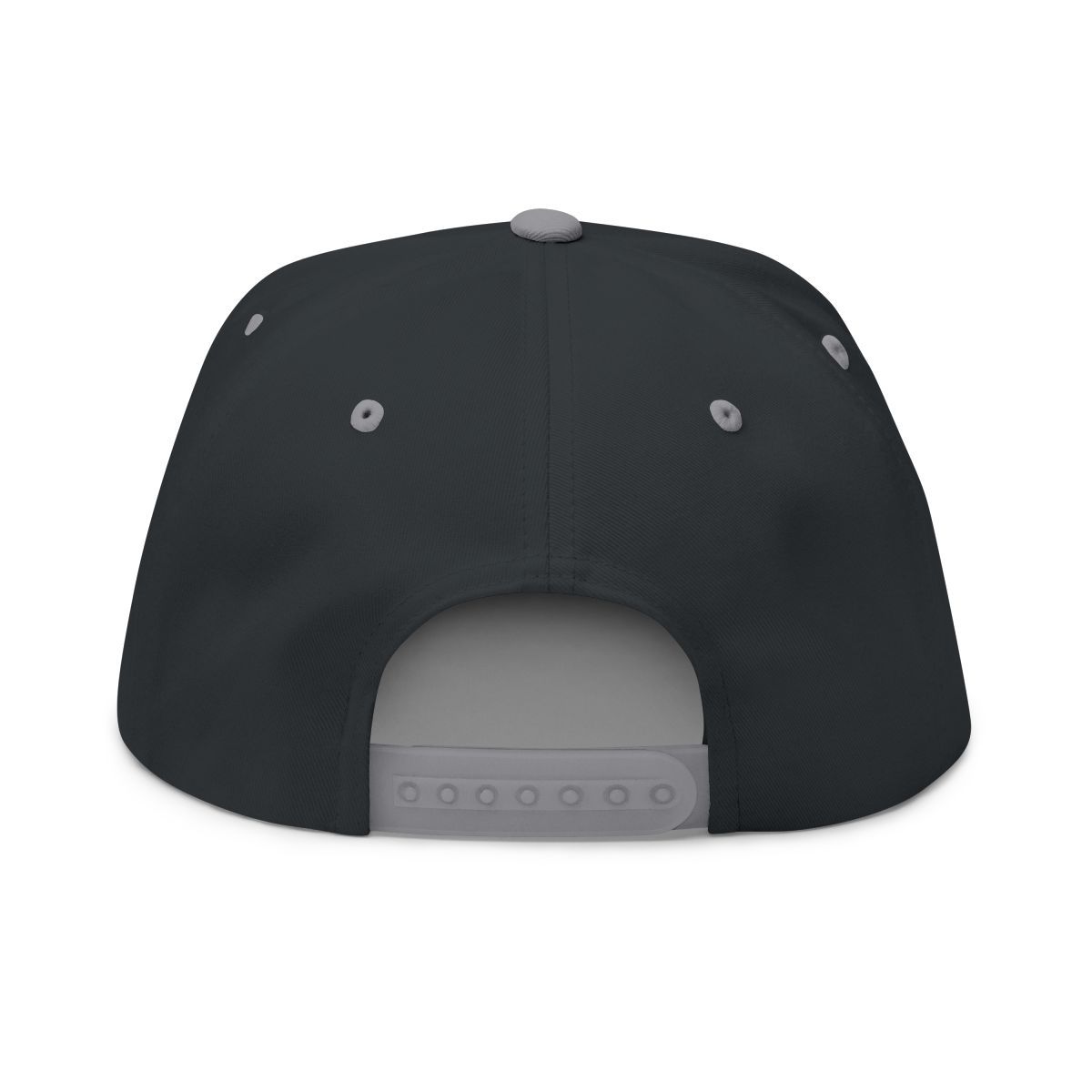 Back view of a black baseball cap with gray accents and adjustable snap closure.