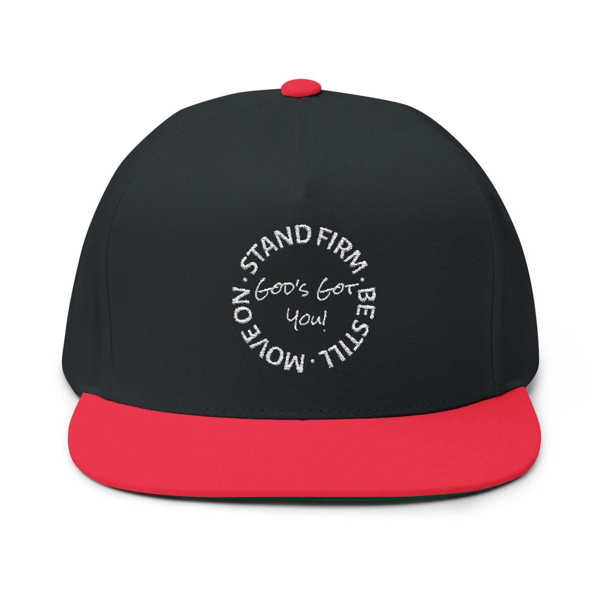 Black and red baseball cap with white text: 