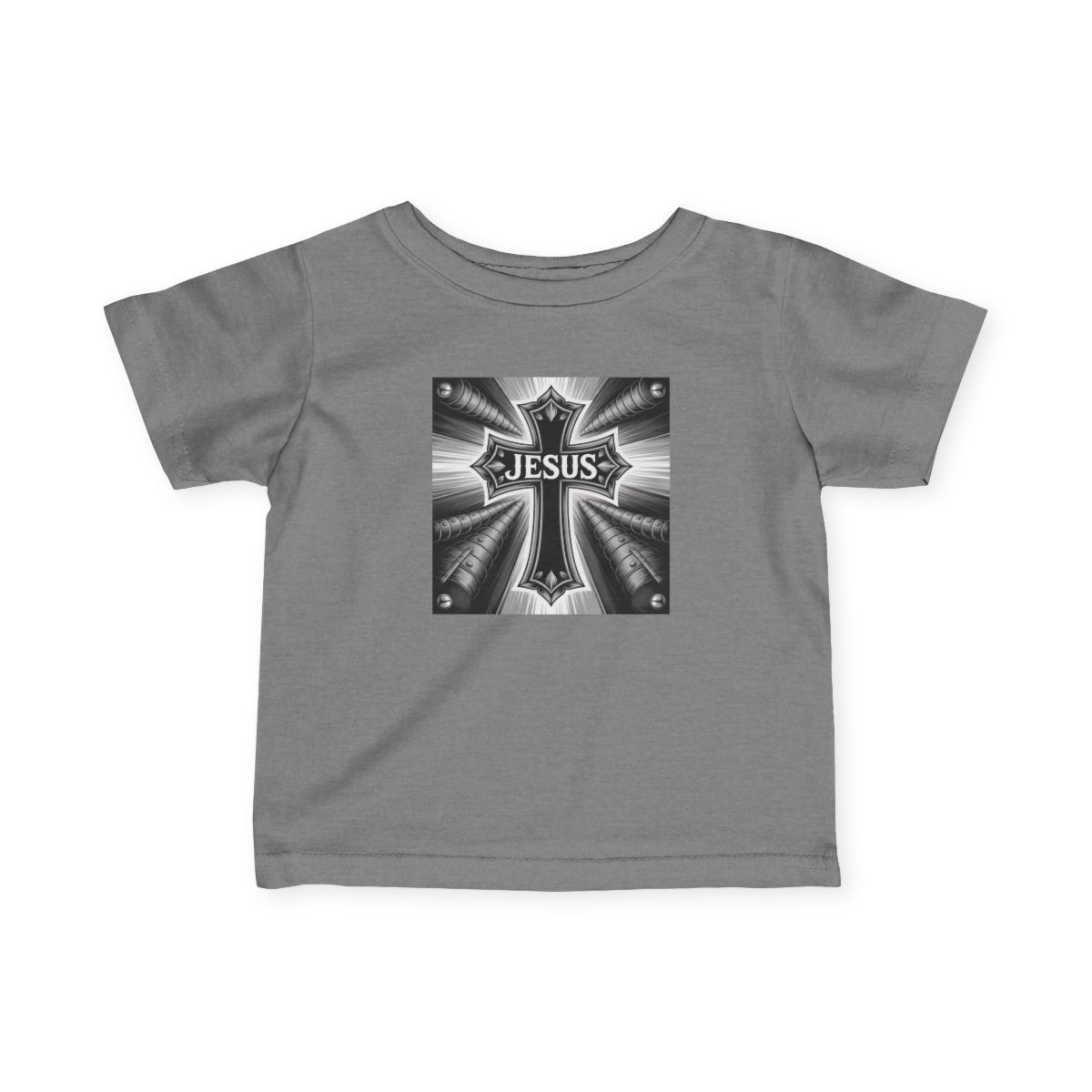 Gray t-shirt with a centered cross design. The cross has 