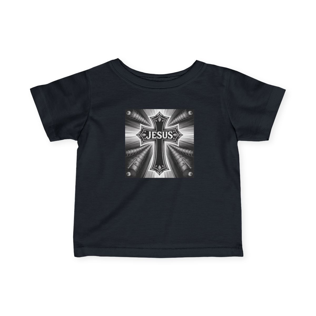 Black baby tee with a cross design that reads
