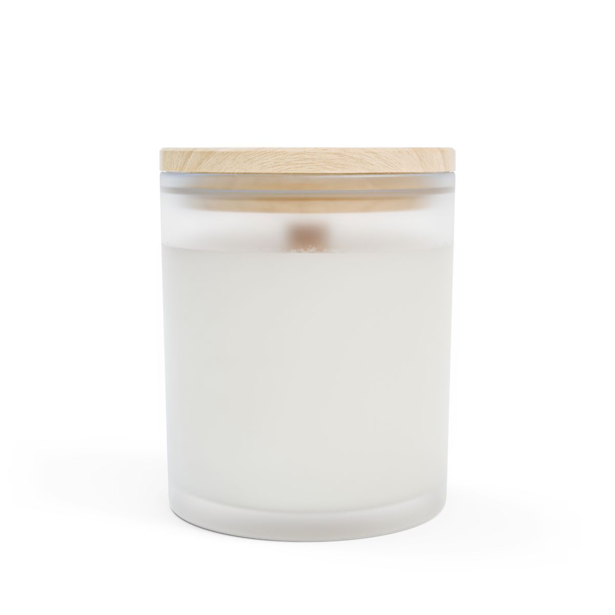 White candle with a wooden lid, light blue label with a Bible verse, set against a white background.