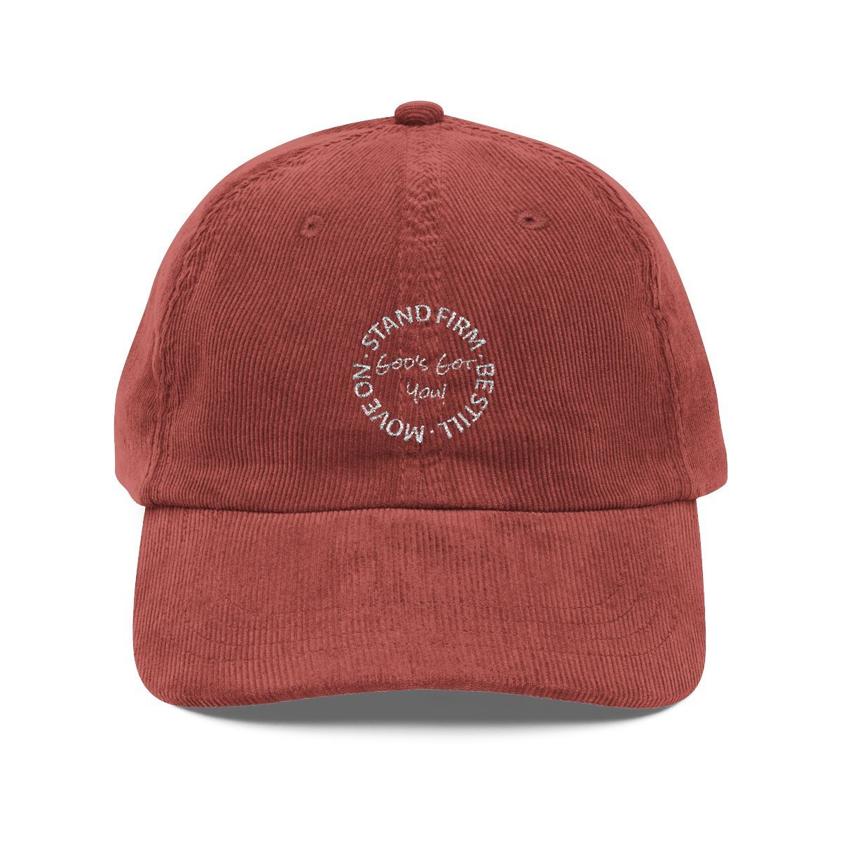 Red corduroy baseball cap with embroidered text: