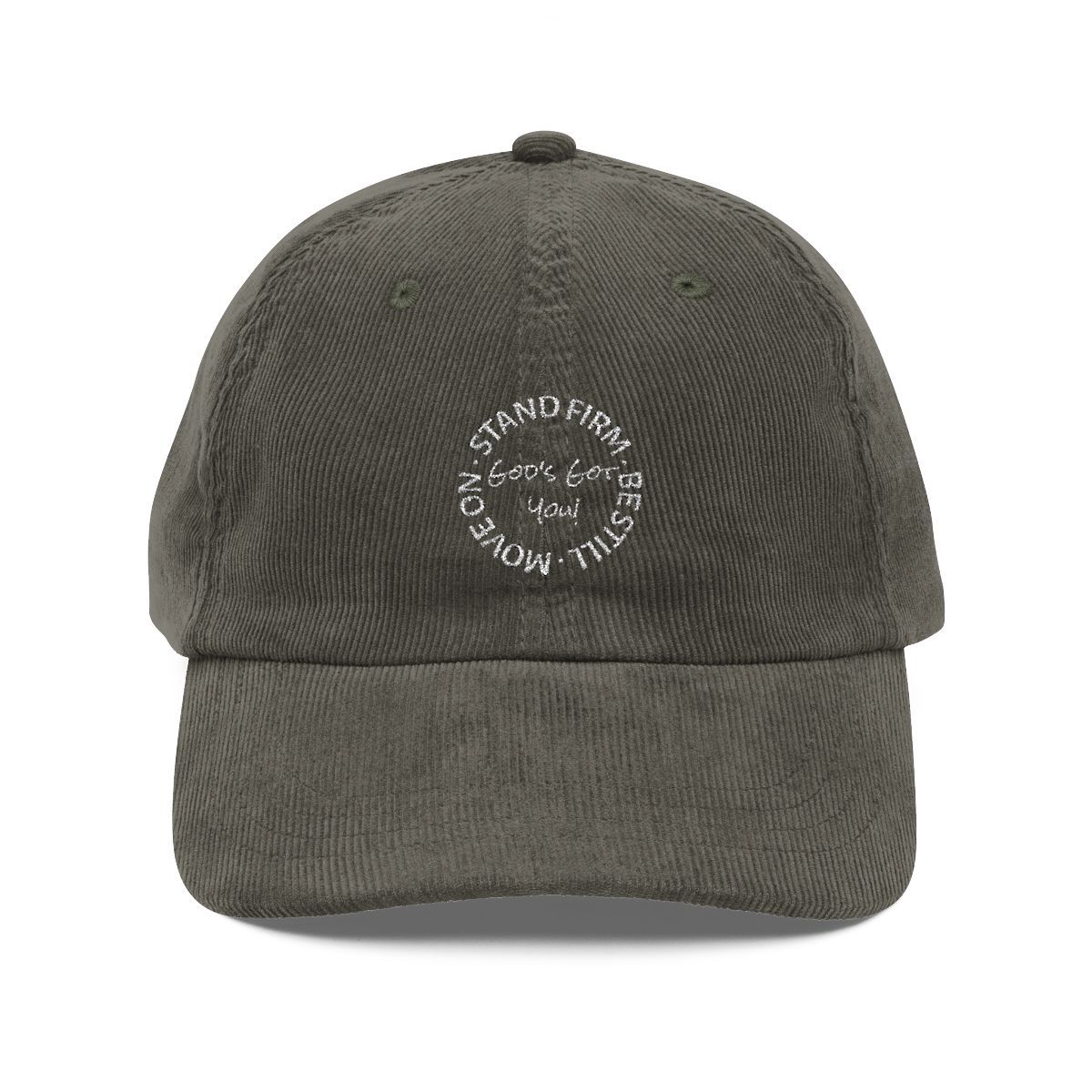 Olive green corduroy baseball cap with embroidered circular text: