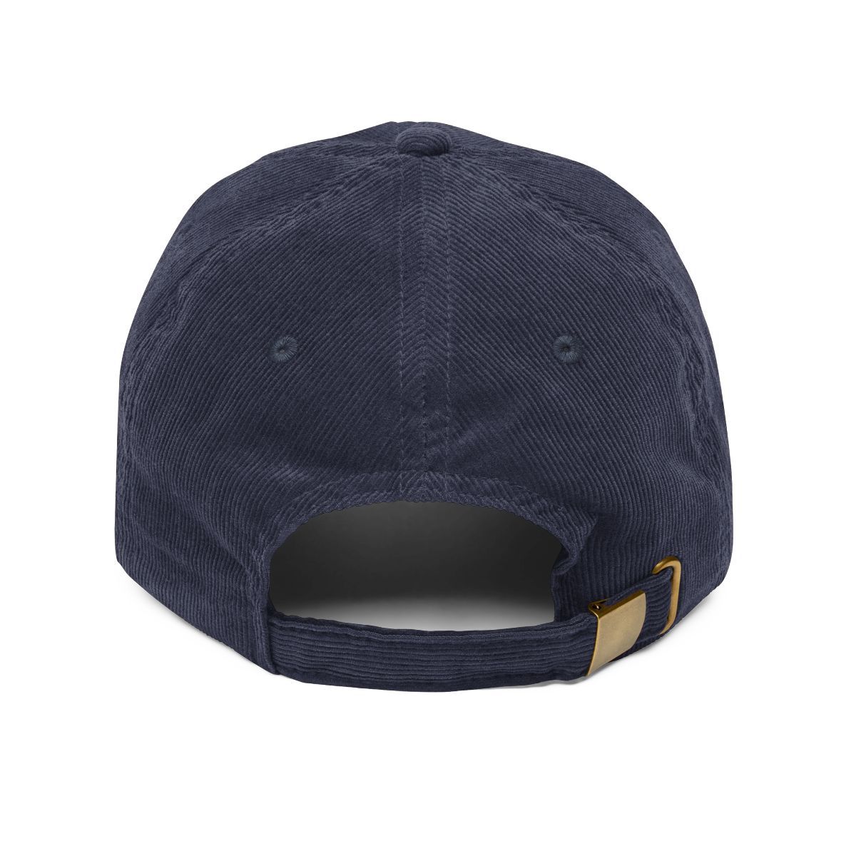 Blue corduroy baseball cap with embroidered text: 