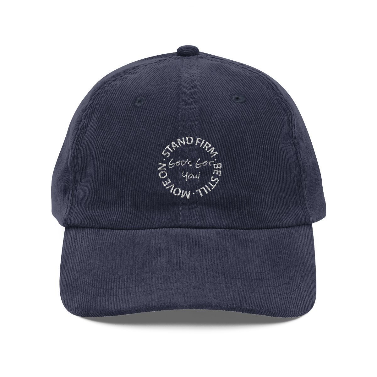 Blue corduroy baseball cap with embroidered text: 