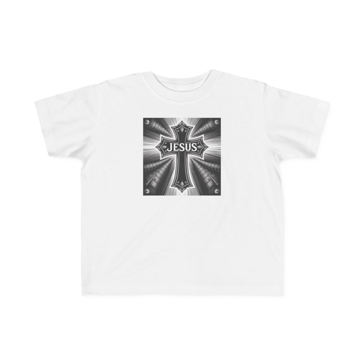 White t-shirt with a square graphic of a cross with the word 