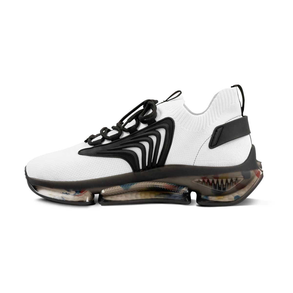 White and black athletic shoe with blue text on side.