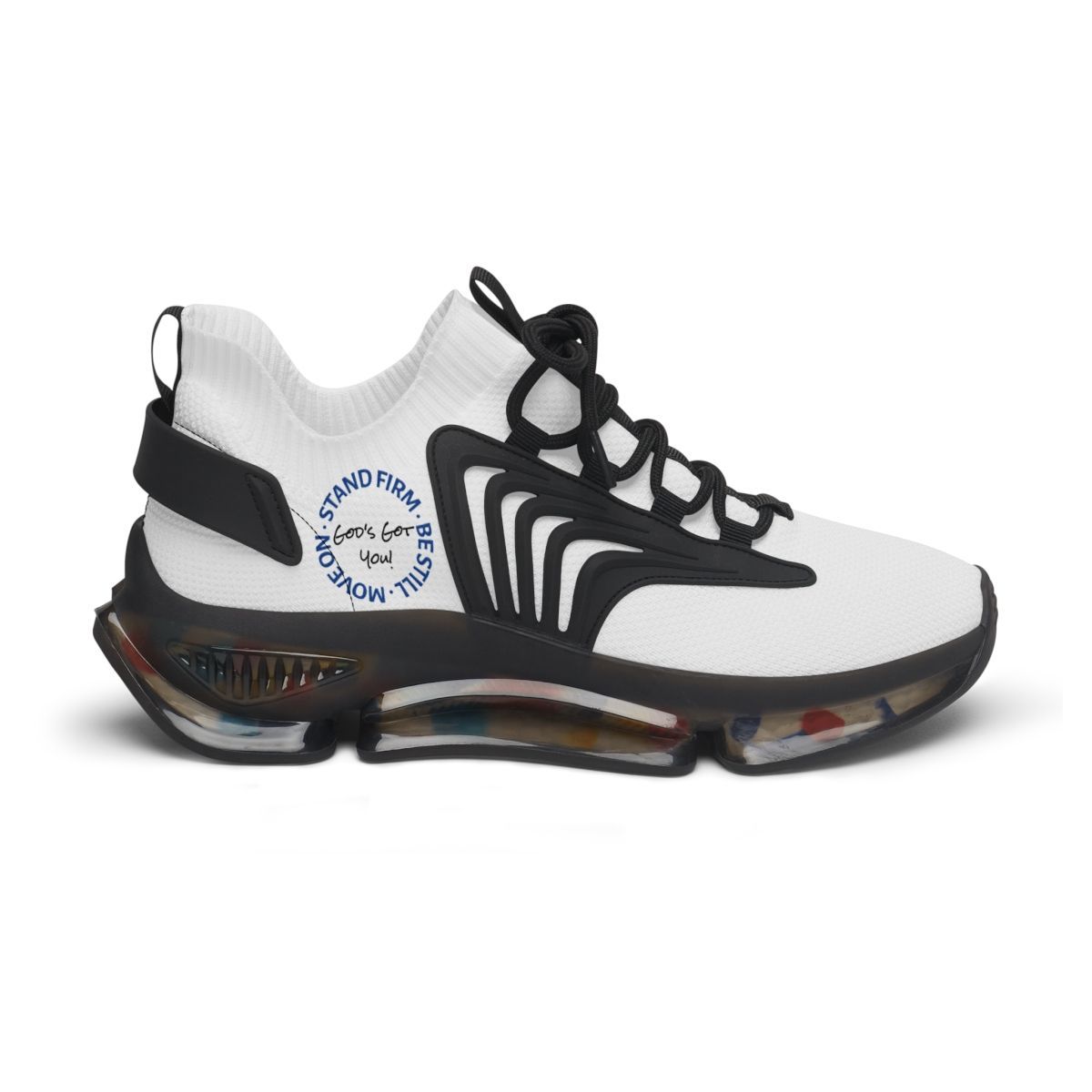 White and black athletic shoe with blue text on side.