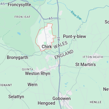 A map showing the location of Chirk, Wrexham in the united kingdom. Served by 1st Choice locksmith 