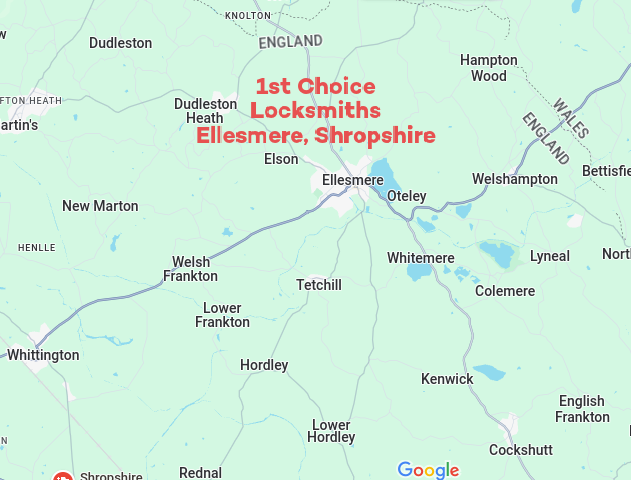 A map showing the location of Chirk, Wrexham in the united kingdom. Served by 1st Choice locksmith 