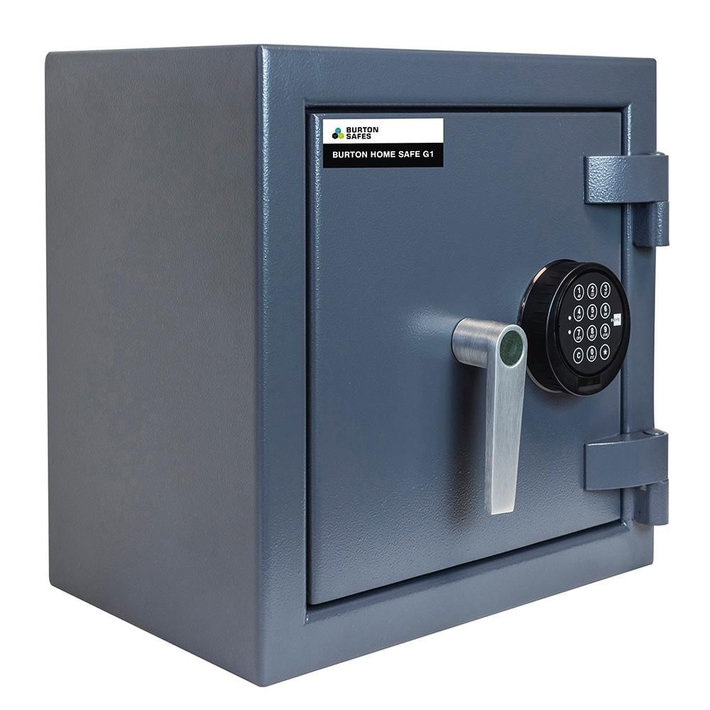 A safe with a handle and a digital lock on a white background.  Chester Locksmiths