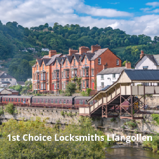 Llangollen train is pulling into a train station next to a river. Llangollen Locksmiths