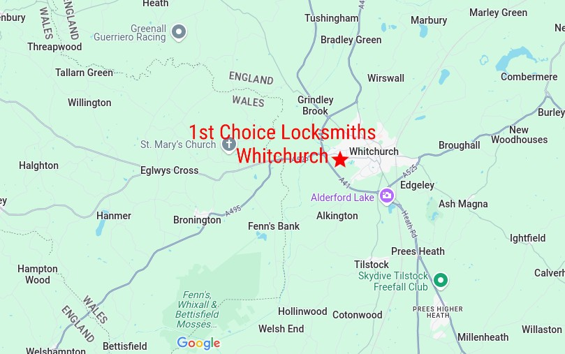 A map showing the location of Chirk, Wrexham in the united kingdom. Served by 1st Choice locksmith 