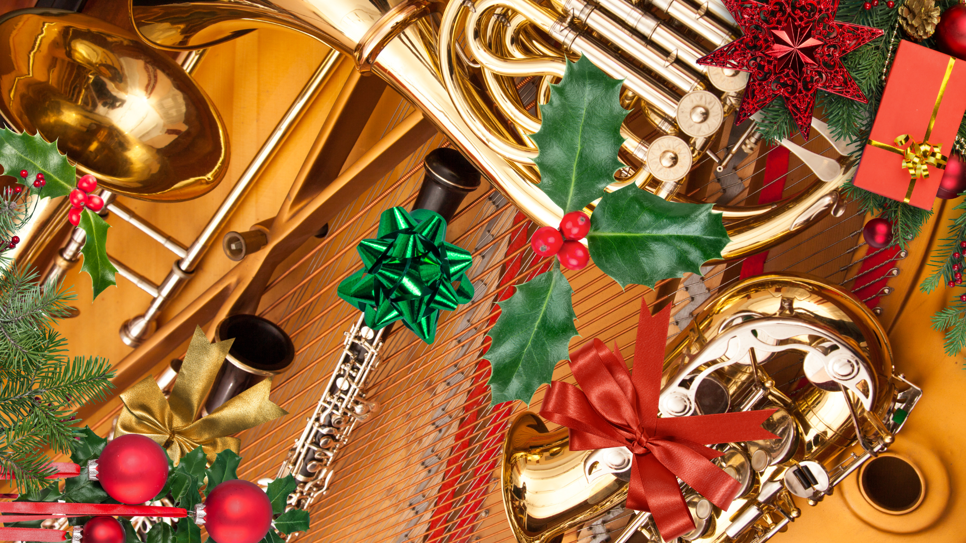Brass instruments decorated for Christmas