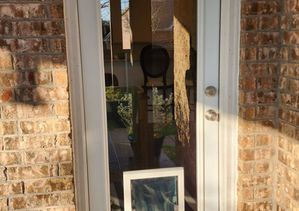 A white glass door with a pet door set into a brick wall. Sunlight reflects off the glass.